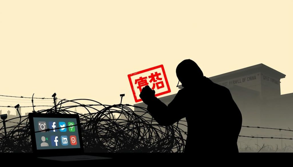 A stark, high-contrast digital illustration depicting the censorship tactics employed by Chinese social media platforms. In the foreground, a shadowy figure wielding a large, red censor's stamp looms over a computer screen displaying various social media icons. The middle ground features a tangle of barbed wire and surveillance cameras, hinting at the oppressive control exerted over online discourse. In the background, the Great Firewall of China looms, its imposing silhouette casting a long shadow over the scene. The overall mood is one of unease and restriction, reflecting the complex and often unseen mechanisms that govern China's digital landscape. A stark, high-contrast digital illustration depicting the censorship tactics employed by Chinese social media platforms. In the foreground, a shadowy figure wielding a large, red censor's stamp looms over a computer screen displaying various social media icons. The middle ground features a tangle of barbed wire and surveillance cameras, hinting at the oppressive control exerted over online discourse. In the background, the Great Firewall of China looms, its imposing silhouette casting a long shadow over the scene. The overall mood is one of unease and restriction, reflecting the complex and often unseen mechanisms that govern China's digital landscape.