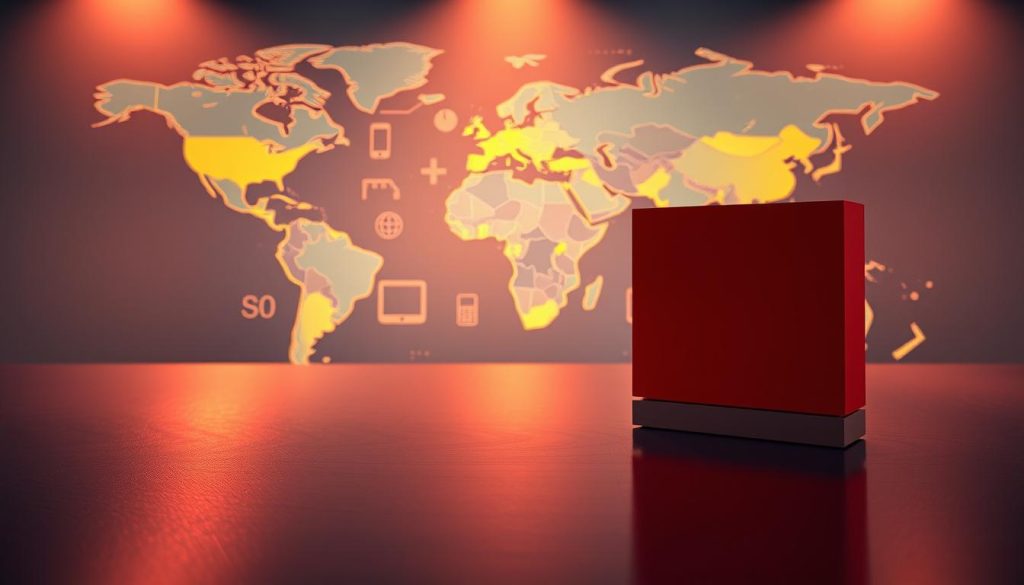 A strategic global map of Xiaomi's international expansion, illuminated by warm, diffused lighting. In the foreground, the Xiaomi logo stands prominently, casting a subtle reflection on a sleek, metallic surface. The middle ground features stylized icons representing Xiaomi's key product lines - smartphones, smart home devices, and wearables - arranged in a dynamic, overlapping composition. In the background, a detailed world map showcases Xiaomi's global footprint, with vibrant regions indicating the brand's strongholds across Southeast Asia, Europe, and other emerging markets. The overall scene conveys Xiaomi's ambitious worldwide strategy, blending modern design elements with a sense of technological prowess and global reach.