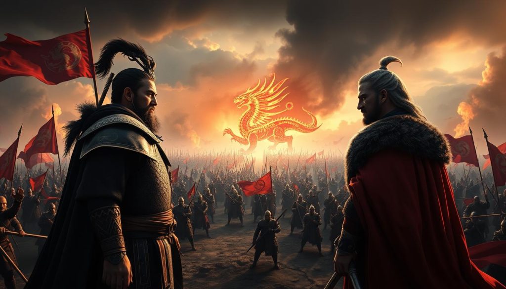 A sweeping fantasy landscape, where the grand dynasties of Three Kingdoms China collide with the warring kingdoms of Westeros. In the foreground, two battle-hardened generals, one bearing the sigil of the House of Sima, the other adorned in the colors of House Lannister, lock eyes in a tense standoff. Behind them, vast armies clash, banners of the Shu Han and the Targaryen dragons fluttering in the smoky air. The sky is ablaze with magical energies, hinting at the mystical forces at play. The composition is cinematic, with dramatic chiaroscuro lighting casting dramatic shadows across the scene. The overall tone is one of epic, historical grandeur, blending the strategic military might of Total War with the fantastical world of Game of Thrones.