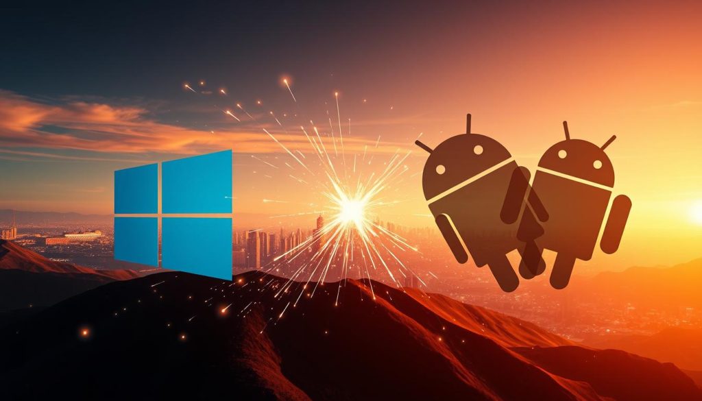 A sweeping panorama of the Chinese OS ecosystem, rendered in a sleek, high-tech style. In the foreground, the distinct silhouettes of Windows and Android logos engage in a dynamic battle, their icons clashing amidst a flurry of digital particles and glowing lines. The middle ground features a diverse array of Chinese OS alternatives, each with its own unique visual identity, vying for market share. In the distant background, a futuristic city skyline emerges, its skyscrapers and infrastructure symbolizing the ambitious pursuit of technological self-reliance. Warm, saturated colors and sharp, angular compositions convey a sense of competition, innovation, and the high-stakes race towards digital sovereignty. A sweeping panorama of the Chinese OS ecosystem, rendered in a sleek, high-tech style. In the foreground, the distinct silhouettes of Windows and Android logos engage in a dynamic battle, their icons clashing amidst a flurry of digital particles and glowing lines. The middle ground features a diverse array of Chinese OS alternatives, each with its own unique visual identity, vying for market share. In the distant background, a futuristic city skyline emerges, its skyscrapers and infrastructure symbolizing the ambitious pursuit of technological self-reliance. Warm, saturated colors and sharp, angular compositions convey a sense of competition, innovation, and the high-stakes race towards digital sovereignty.