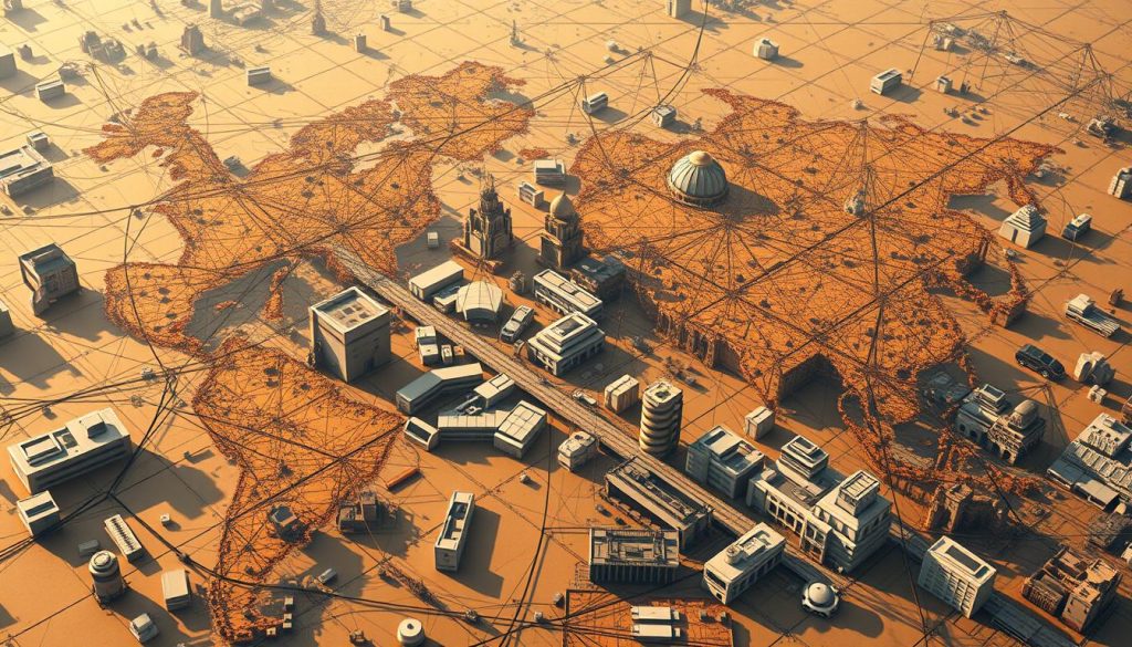 A vast, fragmented global gaming market with disconnected regions, showcased through a highly detailed isometric view. In the foreground, a tangled web of communication channels and regulatory bodies, creating localization gaps. The middle ground depicts diverse gaming platforms and storefronts, each with their unique challenges. In the background, a patchwork of national boundaries and cultural differences, casting shadows on the harmonious integration of the gaming ecosystem. Warm, muted tones convey a sense of complexity and the need for strategic alignment, captured through a cinematic, high-resolution lens.