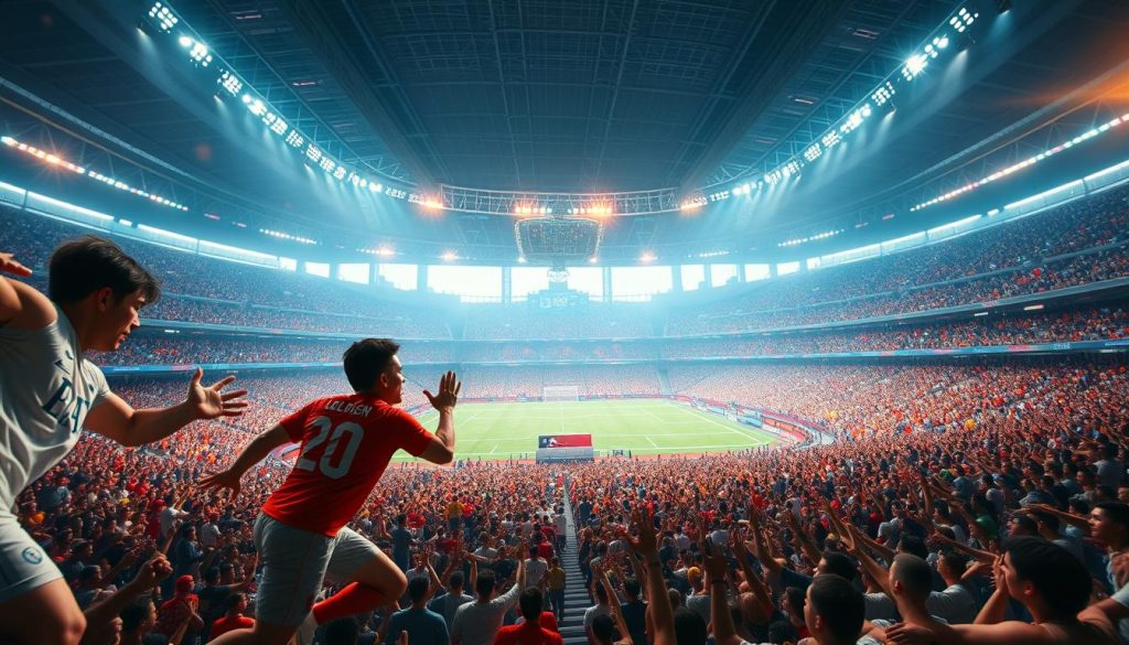 A vast, sprawling digital stadium filled with energy and excitement. In the foreground, larger-than-life athletes engage in a thrilling sports simulation, their dynamic movements captured in a sharp, cinematic style. The middle ground showcases a sea of spectators, their faces alight with joy and anticipation, cheering on the action. In the background, a futuristic cityscape of gleaming towers and neon-lit landscapes sets the scene, hinting at the technological prowess powering these immersive sports experiences. Subtle lens flares and dynamic lighting lend an air of cinematic grandeur, capturing the thrill and spectacle of Netease's cutting-edge sports games.