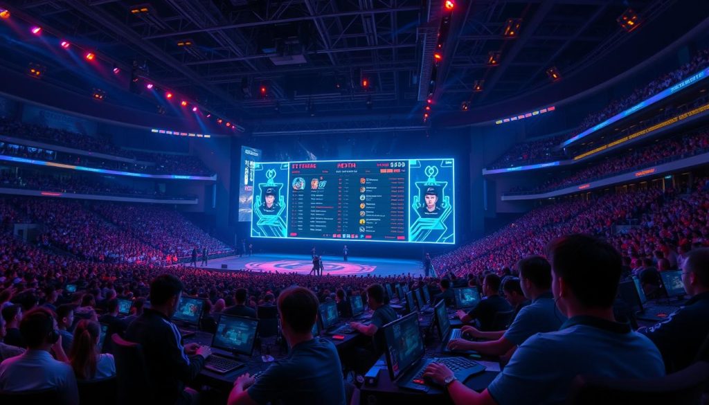 A vast stadium filled with a captivated audience, the air electric with the thrill of esports competition. In the foreground, a group of professional gamers intensely focused on their screens, fingers flying across keyboards and controllers. In the middle ground, a large holographic scoreboard displays the real-time scores, statistics, and player profiles, bathed in a neon glow. The background is a panoramic view of the city skyline, skyscrapers and glittering lights reflecting the modern, high-tech atmosphere of this cutting-edge esports event in China. Dramatic lighting, dynamic camera angles, and a sense of technological innovation and national pride permeate the scene. A vast stadium filled with a captivated audience, the air electric with the thrill of esports competition. In the foreground, a group of professional gamers intensely focused on their screens, fingers flying across keyboards and controllers. In the middle ground, a large holographic scoreboard displays the real-time scores, statistics, and player profiles, bathed in a neon glow. The background is a panoramic view of the city skyline, skyscrapers and glittering lights reflecting the modern, high-tech atmosphere of this cutting-edge esports event in China. Dramatic lighting, dynamic camera angles, and a sense of technological innovation and national pride permeate the scene.