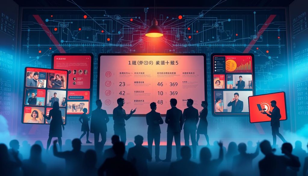 A vibrant and dynamic scene depicting the nuanced content moderation policies of Douyin, China's leading short-form video platform. In the foreground, a central panel displays content guidelines, icons, and algorithms, illuminated by a warm, focused light. Surrounding this are smaller panels showcasing diverse user-generated content, from viral dance challenges to thought-provoking commentary, all under the watchful eye of Douyin's content review team. The middle ground features a chorus of silhouetted figures, representing creators, moderators, and regulators, engaged in a delicate balancing act. In the background, a network of data streams and algorithmic visualizations suggests the complex, ever-evolving nature of Douyin's content ecosystem. The overall mood is one of careful consideration, technological sophistication, and the tension inherent in governing a massive digital platform. A vibrant and dynamic scene depicting the nuanced content moderation policies of Douyin, China's leading short-form video platform. In the foreground, a central panel displays content guidelines, icons, and algorithms, illuminated by a warm, focused light. Surrounding this are smaller panels showcasing diverse user-generated content, from viral dance challenges to thought-provoking commentary, all under the watchful eye of Douyin's content review team. The middle ground features a chorus of silhouetted figures, representing creators, moderators, and regulators, engaged in a delicate balancing act. In the background, a network of data streams and algorithmic visualizations suggests the complex, ever-evolving nature of Douyin's content ecosystem. The overall mood is one of careful consideration, technological sophistication, and the tension inherent in governing a massive digital platform.