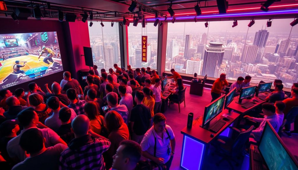 A vibrant and lively Twitch streaming lounge in the heart of China's thriving esports scene. In the foreground, a group of passionate fans huddle around a large screen, eyes glued to a captivating esports tournament. The warm glow of LED displays and the energetic chatter create an electrifying atmosphere. In the middle ground, gaming stations and streaming setups are arranged in a sleek, modern layout, with technicians and hosts bustling about. The background reveals a panoramic view of the bustling city skyline, hinting at the global reach and influence of China's esports ecosystem. The lighting is a harmonious blend of natural daylight and neon accents, adding depth and drama to the scene. An immersive, high-energy setting that captures the spirit of Twitch's integration into China's thriving sports and entertainment landscape. A vibrant and lively Twitch streaming lounge in the heart of China's thriving esports scene. In the foreground, a group of passionate fans huddle around a large screen, eyes glued to a captivating esports tournament. The warm glow of LED displays and the energetic chatter create an electrifying atmosphere. In the middle ground, gaming stations and streaming setups are arranged in a sleek, modern layout, with technicians and hosts bustling about. The background reveals a panoramic view of the bustling city skyline, hinting at the global reach and influence of China's esports ecosystem. The lighting is a harmonious blend of natural daylight and neon accents, adding depth and drama to the scene. An immersive, high-energy setting that captures the spirit of Twitch's integration into China's thriving sports and entertainment landscape.