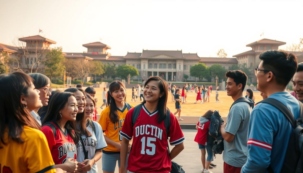 A vibrant and nostalgic scene of a sports alumni network gathering in China. In the foreground, a diverse group of friends greet each other warmly, their team jerseys and university memorabilia sparking fond memories. The middle ground showcases a lively campus setting, with students playing pickup games and socializing under the golden glow of the afternoon sun. In the background, the iconic architecture of a prestigious Chinese university frames the dynamic community, hinting at the rich history and shared experiences that unite this tight-knit network. The mood is one of camaraderie, school spirit, and the powerful bonds forged through the universal language of sports. A vibrant and nostalgic scene of a sports alumni network gathering in China. In the foreground, a diverse group of friends greet each other warmly, their team jerseys and university memorabilia sparking fond memories. The middle ground showcases a lively campus setting, with students playing pickup games and socializing under the golden glow of the afternoon sun. In the background, the iconic architecture of a prestigious Chinese university frames the dynamic community, hinting at the rich history and shared experiences that unite this tight-knit network. The mood is one of camaraderie, school spirit, and the powerful bonds forged through the universal language of sports.