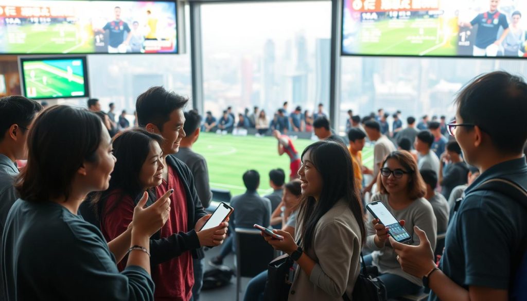 A vibrant, bustling sports chatroom in China, illuminated by the warm glow of digital displays. In the foreground, a group of friends animatedly discussing the latest football match, gesturing passionately. The middle ground features a diverse array of users, each engrossed in their own conversations, smartphones in hand. In the background, a panoramic view of a modern city skyline, hinting at the global connectivity enabled by these virtual social spaces. The scene is bathed in a soft, inviting light, conveying a sense of camaraderie and shared enthusiasm for the world of sports. A vibrant, bustling sports chatroom in China, illuminated by the warm glow of digital displays. In the foreground, a group of friends animatedly discussing the latest football match, gesturing passionately. The middle ground features a diverse array of users, each engrossed in their own conversations, smartphones in hand. In the background, a panoramic view of a modern city skyline, hinting at the global connectivity enabled by these virtual social spaces. The scene is bathed in a soft, inviting light, conveying a sense of camaraderie and shared enthusiasm for the world of sports.