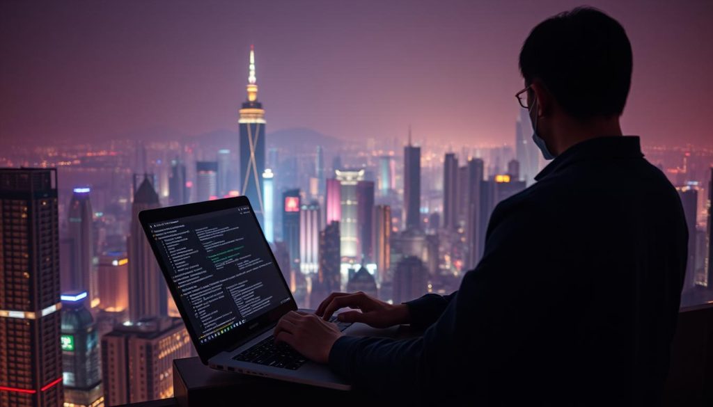 A vibrant cityscape at night, the iconic skyline of a Chinese metropolis shrouded in the soft glow of neon lights. In the foreground, a person standing at a laptop, their fingers deftly navigating various software interfaces, ethereal lines of code flickering across the screen. In the background, the silhouettes of skyscrapers and the faint outline of the Great Firewall, a digital barrier that looms like a shadow over the city. The scene is bathed in a warm, cinematic lighting, creating a sense of mystery and intrigue. The mood is one of determination and resilience, as the individual works to bypass the restrictions of the Firewall, connecting to the broader world beyond.