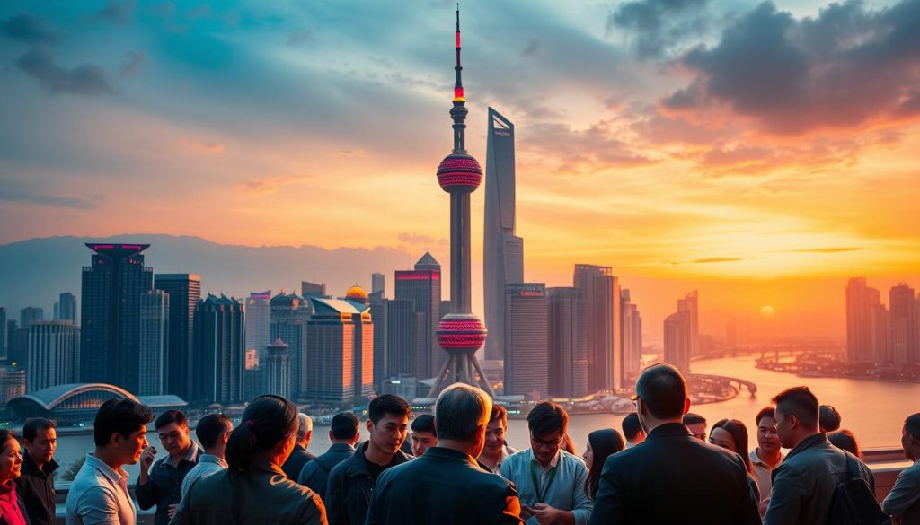 A vibrant cityscape of Shanghai at dusk, the iconic Oriental Pearl Tower standing tall against a backdrop of skyscrapers. In the foreground, game developers and publishers gather, engaged in animated discussions, their expressions reflecting the challenges and strategies of navigating China's tightly regulated gaming market. The scene is bathed in a warm, golden light, conveying a sense of determination and resilience. A sense of dynamism and innovation permeates the image, as the game industry adapts to the evolving regulatory landscape. The composition is balanced, with a clean, minimalist aesthetic that allows the key elements to shine.