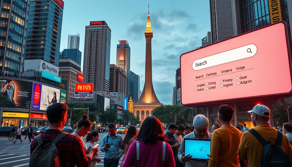 A vibrant cityscape with skyscrapers and bustling streets. In the foreground, a search engine interface glows on a large digital billboard, its algorithms processing queries in multiple languages. The middle ground features people of diverse backgrounds using smartphones, tablets, and laptops, each accessing information tailored to their linguistic preferences. In the background, a towering monument symbolizes the cultural heritage and local trust that empowers the search engine's prominence. Warm lighting casts an inviting atmosphere, highlighting the seamless integration of technology and human experience. A vibrant cityscape with skyscrapers and bustling streets. In the foreground, a search engine interface glows on a large digital billboard, its algorithms processing queries in multiple languages. The middle ground features people of diverse backgrounds using smartphones, tablets, and laptops, each accessing information tailored to their linguistic preferences. In the background, a towering monument symbolizes the cultural heritage and local trust that empowers the search engine's prominence. Warm lighting casts an inviting atmosphere, highlighting the seamless integration of technology and human experience.