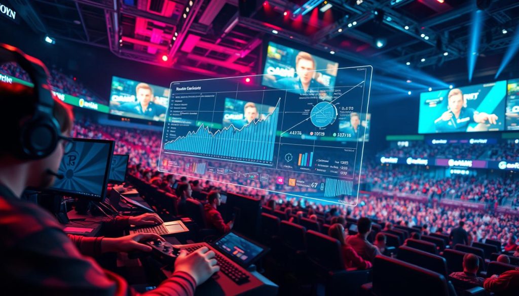 A vibrant esports arena filled with dynamic action and data visualizations. In the foreground, pro gamers are intently focused on their screens, hands flying across keyboards and controllers. The middle ground showcases a holographic data dashboard, displaying real-time market insights and trends in a sleek, futuristic interface. The background features a packed stadium audience, their faces illuminated by the glow of large projection screens displaying esports tournament highlights. Bright, neon-tinged lighting creates an immersive, high-energy atmosphere. Cinematic camera angles and depth of field emphasize the magnitude and significance of the esports market. A vibrant esports arena filled with dynamic action and data visualizations. In the foreground, pro gamers are intently focused on their screens, hands flying across keyboards and controllers. The middle ground showcases a holographic data dashboard, displaying real-time market insights and trends in a sleek, futuristic interface. The background features a packed stadium audience, their faces illuminated by the glow of large projection screens displaying esports tournament highlights. Bright, neon-tinged lighting creates an immersive, high-energy atmosphere. Cinematic camera angles and depth of field emphasize the magnitude and significance of the esports market.