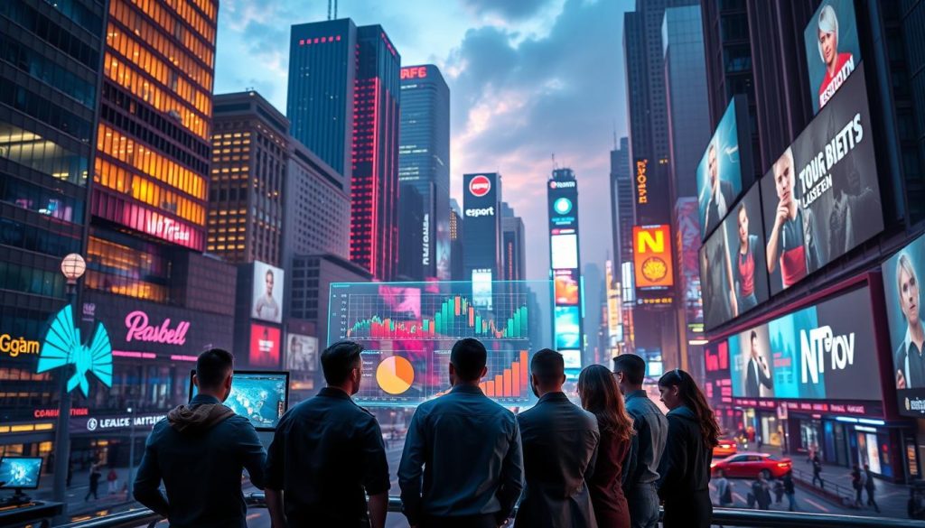 A vibrant, futuristic cityscape with towering skyscrapers, neon-lit billboards, and bustling streets. In the foreground, a group of young professionals in business attire gather around a holographic display, analyzing charts and graphs depicting the latest eSports investment trends. The background is illuminated by the glow of computer screens and the flashing lights of electronic billboards, creating an atmosphere of technological innovation and financial opportunity. The lighting is a mix of warm and cool tones, casting dramatic shadows and highlights across the scene. The camera angle is slightly elevated, providing a panoramic view of the dynamic urban landscape. A vibrant, futuristic cityscape with towering skyscrapers, neon-lit billboards, and bustling streets. In the foreground, a group of young professionals in business attire gather around a holographic display, analyzing charts and graphs depicting the latest eSports investment trends. The background is illuminated by the glow of computer screens and the flashing lights of electronic billboards, creating an atmosphere of technological innovation and financial opportunity. The lighting is a mix of warm and cool tones, casting dramatic shadows and highlights across the scene. The camera angle is slightly elevated, providing a panoramic view of the dynamic urban landscape.
