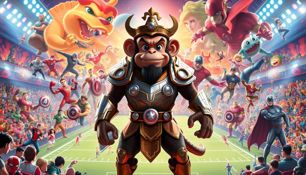 A vibrant pop culture mash-up, showcasing iconic animated characters from diverse franchises colliding in a dynamic, cinematic composition. In the foreground, the heroic Monkey King from Chinese mythology stands tall, his armor gleaming under dramatic lighting, ready to face off against Marvel's Avengers and DC's Justice League who surround him. In the middle ground, a thrilling sports arena comes to life, with athletes and fans cheering on the fantastical showdown. The background features a kaleidoscopic blend of familiar cartoon worlds, from anime to Disney, creating a visually captivating and seamless crossover. Captured with a wide-angle lens, the scene exudes a sense of grandeur and spectacle, inviting the viewer to immerse themselves in this extraordinary pop culture convergence.