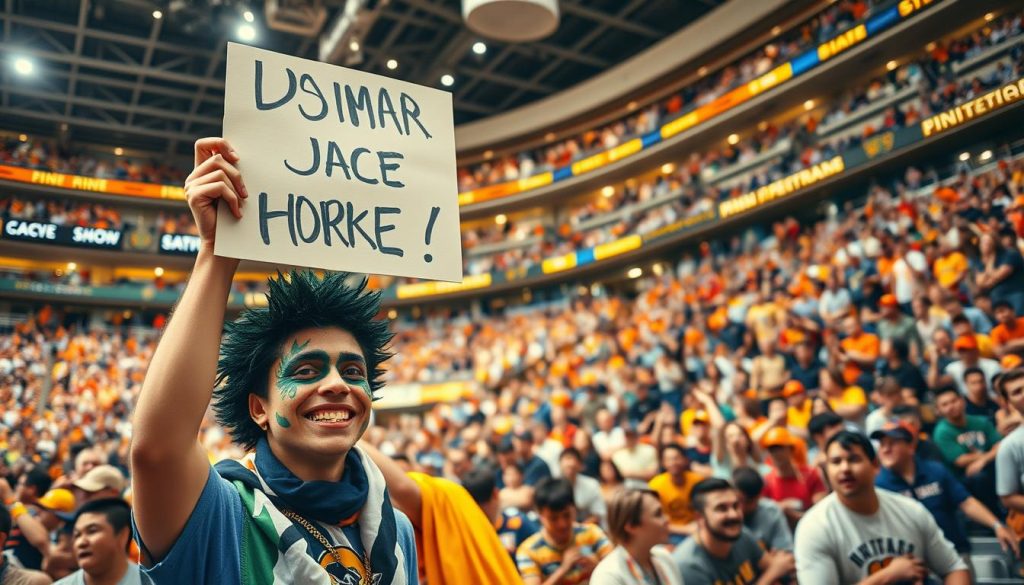 A vibrant sports arena, the roar of the crowd echoing through the air. In the foreground, a passionate fan decked out in team colors, their face painted with intricate designs. They hold a sign high, a cheeky message that captures the essence of modern fandom. In the middle ground, a bustling merchandise stand, where fans eagerly purchase memorabilia, their excitement palpable. The background is a sea of dedicated supporters, each with their own unique way of expressing their devotion to the team. The lighting is warm and inviting, creating a sense of camaraderie and shared experience. The composition is dynamic, with a wide-angle lens capturing the energy and excitement of this fandom-driven event. A vibrant sports arena, the roar of the crowd echoing through the air. In the foreground, a passionate fan decked out in team colors, their face painted with intricate designs. They hold a sign high, a cheeky message that captures the essence of modern fandom. In the middle ground, a bustling merchandise stand, where fans eagerly purchase memorabilia, their excitement palpable. The background is a sea of dedicated supporters, each with their own unique way of expressing their devotion to the team. The lighting is warm and inviting, creating a sense of camaraderie and shared experience. The composition is dynamic, with a wide-angle lens capturing the energy and excitement of this fandom-driven event.