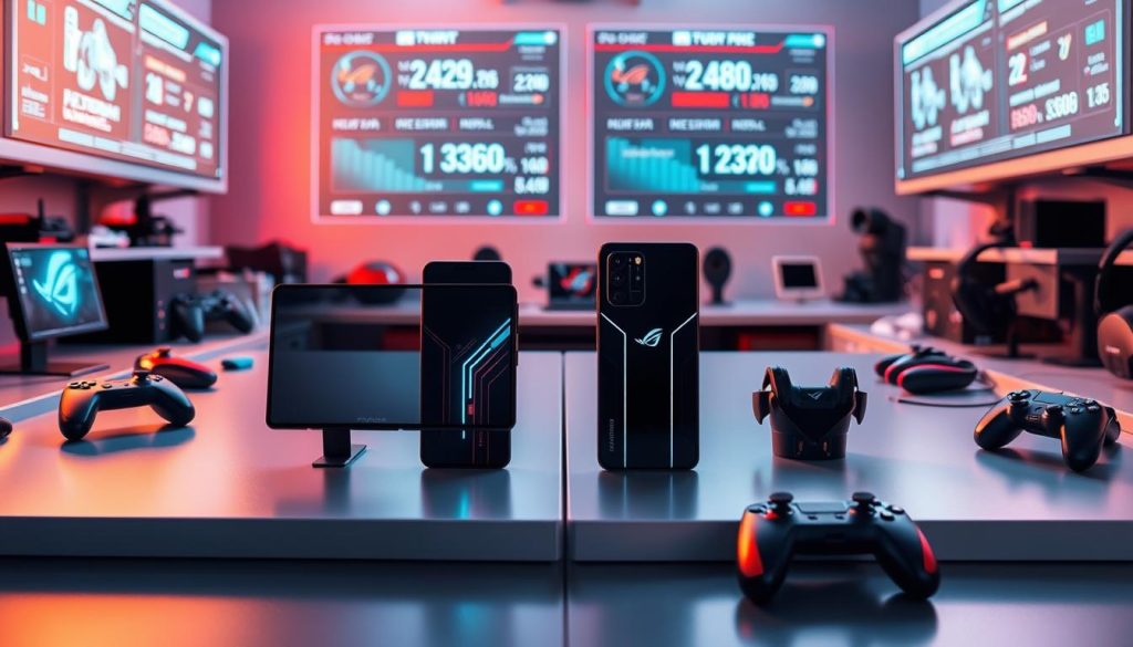 A well-lit laboratory setting, with two gaming smartphones - the ROG Phone II and the Black Shark 2 Pro - prominently displayed on sleek, minimalist desks. The devices are surrounded by various gaming peripherals, such as controllers and headsets, arranged in a visually appealing manner. The lighting is a mix of warm and cool tones, creating a professional, yet dynamic atmosphere. In the background, there are holographic displays showcasing performance metrics, frame rates, and other technical data relevant to eSports gaming. The composition is balanced, with a clear focus on the two smartphones, allowing the viewer to easily compare their capabilities side-by-side.