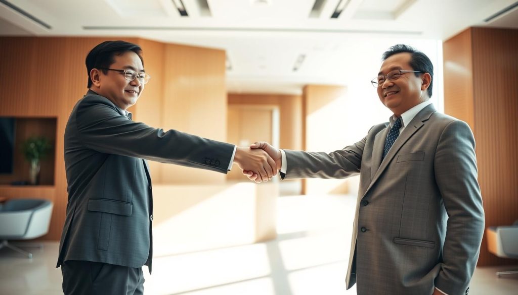 A wide, low-angle shot of Jack Ma, the former chairman of Alibaba, passing the torch to Daniel Zhang, the current chairman and CEO. The two men stand in a sunlit, minimalist office setting, shaking hands with an air of mutual respect and confidence. Ma's expression is serene, while Zhang's is focused and determined, hinting at the strategic vision he will bring to Alibaba's next chapter. The background is a blend of clean lines, warm wood tones, and subtle technological accents, reflecting the company's cutting-edge e-commerce prowess. The scene conveys a sense of transition, progress, and the dynamic leadership change shaping Alibaba's future. A wide, low-angle shot of Jack Ma, the former chairman of Alibaba, passing the torch to Daniel Zhang, the current chairman and CEO. The two men stand in a sunlit, minimalist office setting, shaking hands with an air of mutual respect and confidence. Ma's expression is serene, while Zhang's is focused and determined, hinting at the strategic vision he will bring to Alibaba's next chapter. The background is a blend of clean lines, warm wood tones, and subtle technological accents, reflecting the company's cutting-edge e-commerce prowess. The scene conveys a sense of transition, progress, and the dynamic leadership change shaping Alibaba's future.