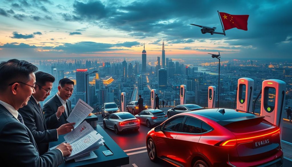 An expansive and dynamic landscape showcasing China's electric vehicle policy environment. In the foreground, prominent government figures engage in animated discussions, surrounded by a flurry of documents and charts detailing the latest EV incentives and regulations. The middle ground features a bustling cityscape, with sleek, futuristic EV models navigating the streets under the watchful eye of surveillance cameras and charging stations. In the distant background, a panoramic view of the Chinese skyline, illuminated by the warm glow of an evening sky, symbolizing the country's ambitious vision for a green automotive future. Realistic lighting and a cinematic camera angle capture the gravity and complexity of China's EV policy landscape. An expansive and dynamic landscape showcasing China's electric vehicle policy environment. In the foreground, prominent government figures engage in animated discussions, surrounded by a flurry of documents and charts detailing the latest EV incentives and regulations. The middle ground features a bustling cityscape, with sleek, futuristic EV models navigating the streets under the watchful eye of surveillance cameras and charging stations. In the distant background, a panoramic view of the Chinese skyline, illuminated by the warm glow of an evening sky, symbolizing the country's ambitious vision for a green automotive future. Realistic lighting and a cinematic camera angle capture the gravity and complexity of China's EV policy landscape.
