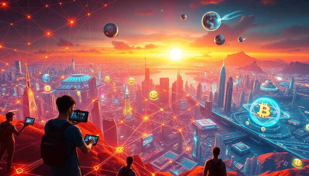 An intricate blockchain network seamlessly integrating with a vibrant, futuristic gaming world. In the foreground, players immersed in a captivating virtual reality, their avatars interacting with digital assets secured by blockchain technology. The middle ground showcases a dynamic, neon-lit skyline of a sprawling, high-tech metropolis, reflecting the fusion of blockchain and gaming. In the background, a stunning landscape of towering skyscrapers, holograms, and ethereal energy fields, symbolizing the boundless potential of this convergence. Warm, vivid lighting casts a glow over the scene, conveying a sense of innovation, connectivity, and the dawn of a new era in digital entertainment and finance.