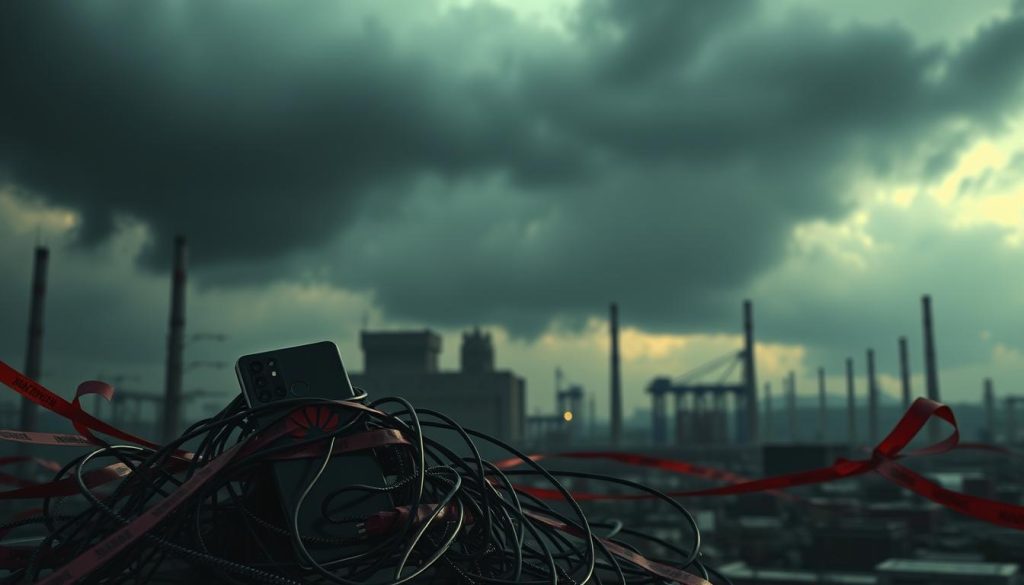 Dramatic industrial landscape, ominous clouds looming overhead. In the foreground, a Huawei smartphone is trapped in a tangled web of sanctions, red tape, and trade barriers. Harsh shadows cast by imposing government buildings in the middle ground, symbolizing the geopolitical challenges the brand faces. In the distance, a faint glimmer of hope as the smartphone seeks to break free, navigating the complex global marketplace. Moody lighting, muted colors, and a sense of tension permeate the scene, capturing the difficulties Huawei confronts in launching its flagship devices worldwide. Dramatic industrial landscape, ominous clouds looming overhead. In the foreground, a Huawei smartphone is trapped in a tangled web of sanctions, red tape, and trade barriers. Harsh shadows cast by imposing government buildings in the middle ground, symbolizing the geopolitical challenges the brand faces. In the distance, a faint glimmer of hope as the smartphone seeks to break free, navigating the complex global marketplace. Moody lighting, muted colors, and a sense of tension permeate the scene, capturing the difficulties Huawei confronts in launching its flagship devices worldwide.