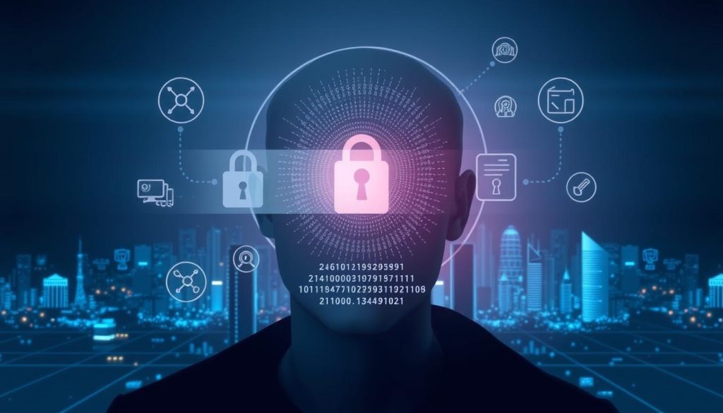 Facial data privacy solutions: a sleek, high-tech illustration showcasing secure biometric authentication methods. In the foreground, a person's face is partially obscured by a subtle data overlay, conveying the sensitive nature of facial recognition information. The middle ground features various digital security icons and symbols, hinting at the technological safeguards in place. The background depicts a minimalist, futuristic cityscape bathed in cool, blue-tinted lighting, evoking a sense of modern, advanced privacy protection. The overall mood is one of sophisticated, discreet data security, reflecting the user's need for control and confidentiality. Facial data privacy solutions: a sleek, high-tech illustration showcasing secure biometric authentication methods. In the foreground, a person's face is partially obscured by a subtle data overlay, conveying the sensitive nature of facial recognition information. The middle ground features various digital security icons and symbols, hinting at the technological safeguards in place. The background depicts a minimalist, futuristic cityscape bathed in cool, blue-tinted lighting, evoking a sense of modern, advanced privacy protection. The overall mood is one of sophisticated, discreet data security, reflecting the user's need for control and confidentiality.