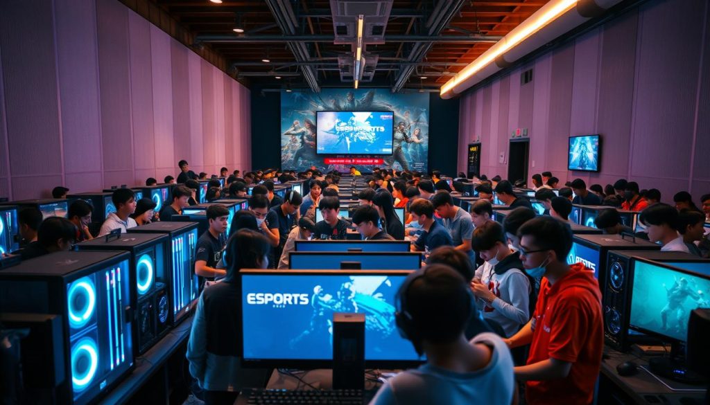 Prompt A bustling eSports hub in the heart of China, filled with a vibrant community of gamers and enthusiasts. In the foreground, a group of young people gathered around a central gaming setup, engaged in an intense multiplayer match, their expressions a mix of concentration and excitement. Surrounding them, rows of high-performance gaming PCs line the walls, bathed in the soft glow of RGB lighting. In the middle ground, a large screen displays the action, drawing the attention of onlookers. In the background, a sleek, modern interior with clean lines and minimalist decor sets the stage for this competitive yet social atmosphere. The scene is illuminated by a combination of warm and cool lighting, creating a dynamic and immersive environment for the eSports community to thrive. Prompt A bustling eSports hub in the heart of China, filled with a vibrant community of gamers and enthusiasts. In the foreground, a group of young people gathered around a central gaming setup, engaged in an intense multiplayer match, their expressions a mix of concentration and excitement. Surrounding them, rows of high-performance gaming PCs line the walls, bathed in the soft glow of RGB lighting. In the middle ground, a large screen displays the action, drawing the attention of onlookers. In the background, a sleek, modern interior with clean lines and minimalist decor sets the stage for this competitive yet social atmosphere. The scene is illuminated by a combination of warm and cool lighting, creating a dynamic and immersive environment for the eSports community to thrive.