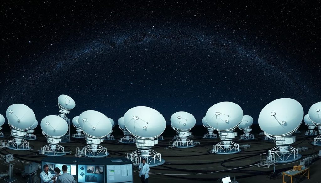 Prompt A panoramic view of an expansive international radio telescope array, set against a vast, starry night sky. The telescopes, each a gleaming white dish, are arranged in a precise geometric pattern, symbolizing global scientific collaboration. The foreground features several researchers in lab coats, studying data readouts and engaged in deep discussion, while the middle ground showcases the intricate cable systems and support structures that connect the individual telescopes. The background blends seamlessly into the inky blackness of space, hinting at the boundless mysteries waiting to be unraveled through this remarkable feat of engineering and international cooperation.