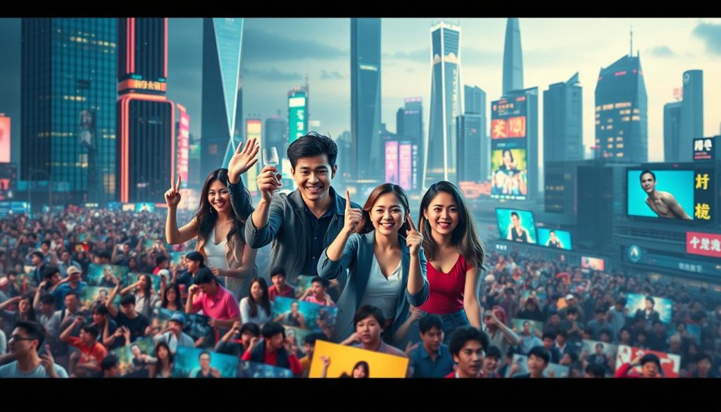 Vibrant digital landscape showcasing Douyin's viral power. In the foreground, a dynamic grid of engaging short-form content, capturing the platform's diverse cultural influence. The middle ground features influencers and creators captivating audiences, their expressions and poses embodying the energy of Douyin's pop culture. In the background, a sleek, futuristic cityscape with neon-lit skyscrapers and digital billboards, symbolizing Douyin's technological prowess and its role in shaping modern Chinese society. Lighting is a stylish mix of warm and cool tones, with a cinematic depth of field, creating a visually striking and immersive scene. Vibrant digital landscape showcasing Douyin's viral power. In the foreground, a dynamic grid of engaging short-form content, capturing the platform's diverse cultural influence. The middle ground features influencers and creators captivating audiences, their expressions and poses embodying the energy of Douyin's pop culture. In the background, a sleek, futuristic cityscape with neon-lit skyscrapers and digital billboards, symbolizing Douyin's technological prowess and its role in shaping modern Chinese society. Lighting is a stylish mix of warm and cool tones, with a cinematic depth of field, creating a visually striking and immersive scene.